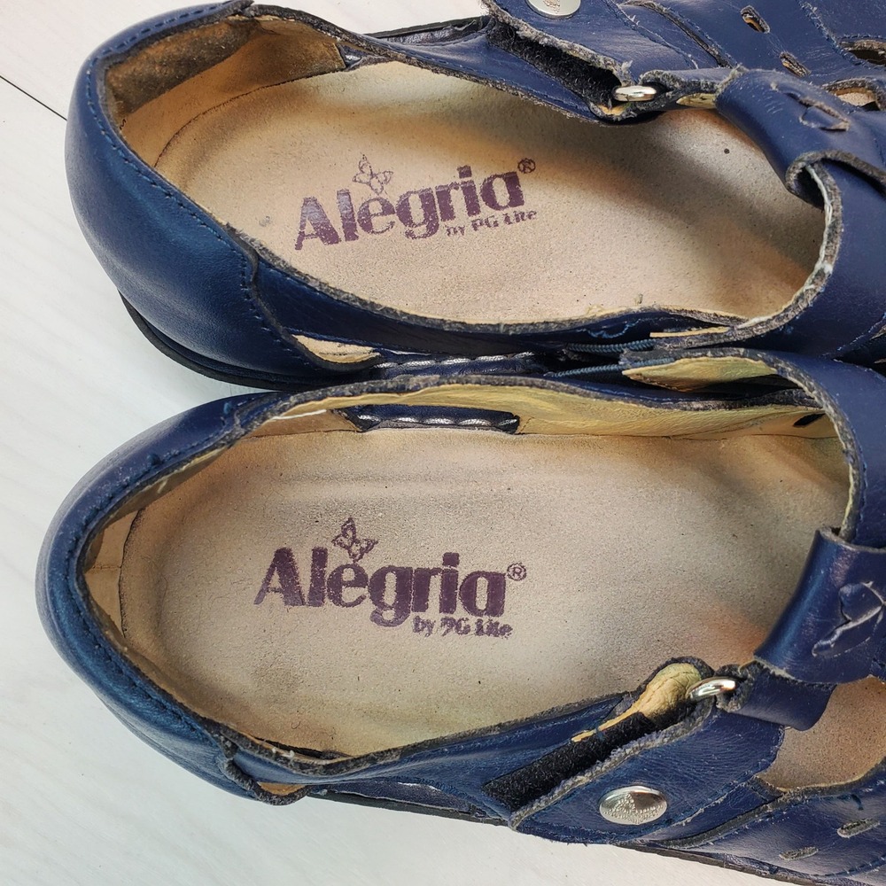 Alegria Pesca Navy Blue Leather Fisherman Sandals Heart Cutout Women 39 Coastal - Picture 6 of 9